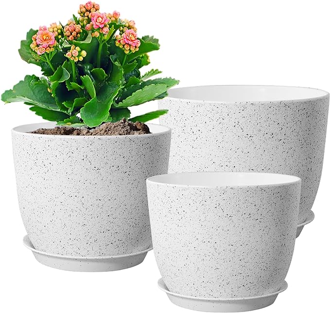 9/8/7.5 inch Flower Pots, Set of 3 Modern Decorative Plastic Planters with Drainage Holes and Saucers for Garden House Plants, Plant Pots for Indoor Outdoor Plants, Speckled White-Ruum Studio Home