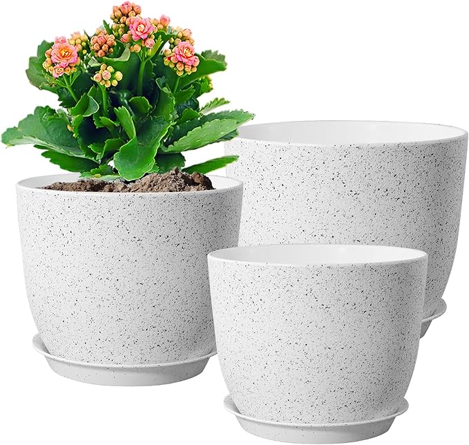 10/9/8 inch Medium Plant Pots, Set of 3 Modern Decorative Plastic Planters with Drainage Holes and Saucers for Garden House Plants, Flower Pots for Indoor Outdoor Plants, Speckled White-Ruum Studio Home