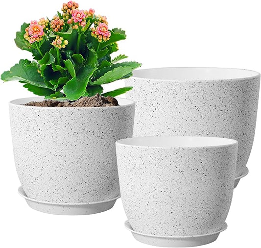 10/9/8 inch Medium Plant Pots, Set of 3 Modern Decorative Plastic Planters with Drainage Holes and Saucers for Garden House Plants, Flower Pots for Indoor Outdoor Plants, Speckled White-Ruum Studio Home