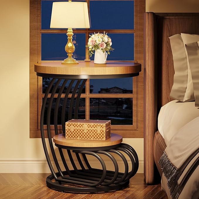 Tribesigns Round End Side Table: Side Table with 2 Tiers Storage Shelves, Vintage End Table for Living Room, Small Bedside Table Accent Table with Arc-Shaped Frame, Light Brown-Ruum Studio Home