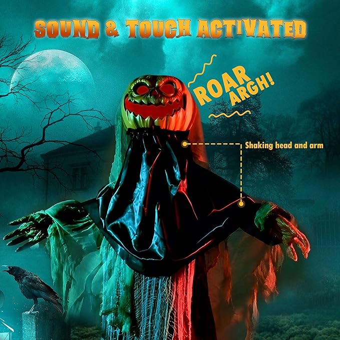 AW Scary Animated Halloween Decorations Jack-O-Lantern,Pumpkin Ghost Props 5.4 Ft Full Life Size with Motion/Sound Activated Glowing Head Horror Party Outdoor Indoor Decorations Farm Scarecrow 2025-Ruum Studio Home