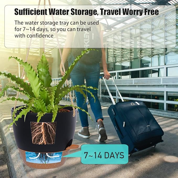 8 inch Hanging Planters, 2 Pack Self Watering Hanging Pots with 20oZ Deep Reservoir for Indoor Outdoor Plants Flowers, Black with Brown-Ruum Studio Home