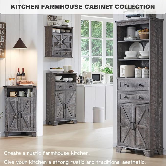 Bathroom Floor Cabinet, Farmhouse 24" Wide Cabinet with Drawer, Adjustable Shelf, Barn Doors, Cabinets for Bathroom, Kitchen, Living Room, Grey Wash-Ruum Studio Home