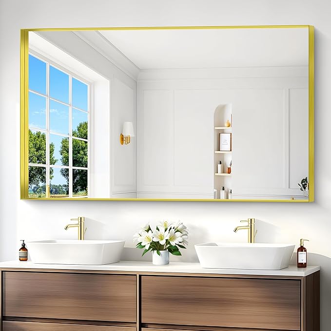 Gold Bathroom Mirror, 36x60 Inch Rectangular Deep Frame Mirror, Large Wall Mounted Bathroom Vanity Mirror Over Sink for Bedroom,Restroom, Living Room, Hangs Vertically or Horizontally-Ruum Studio Home