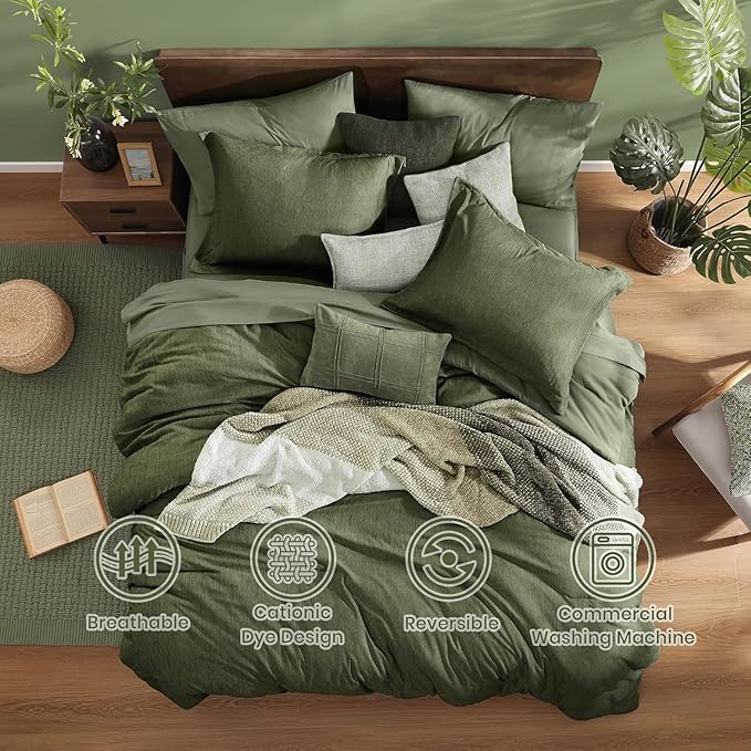 Monbix California King Comforter Set - 7 Pieces Cationic Dyeing Olive Green Bed in a Bag Cal King Bedding Sets with Comforter, Sheets, Pillowcases & Shams, Reversible Bedding Comforters Sets(108 * 92)-Ruum Studio Home