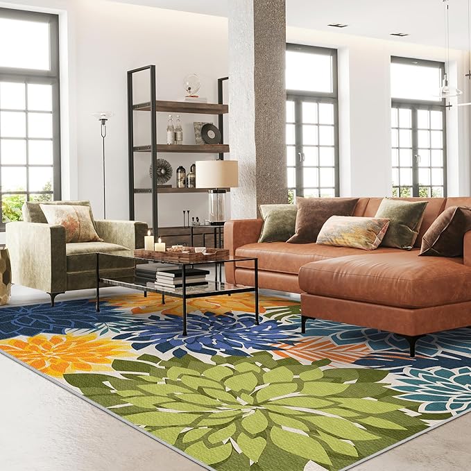 Indoor Outdoor Area Rug Washable Multicolored Patio Rug Tropical Botanical Modern Floral Indoor Outdoor Carpet Non Slip Yellow Green Rug Non Shedding for Patio, Deck, Backyard, Porch (5x8)-Ruum Studio Home