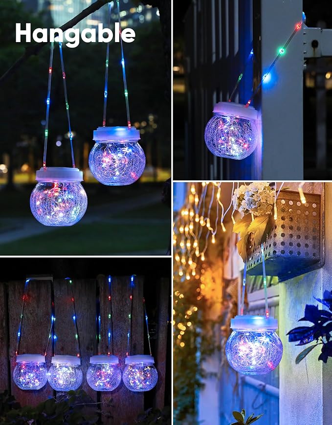 Solar Lantern Solar Lights Outdoor Waterproof 6-Pack, Solar Powered Hanging Lights Cracked Glass Hanging Globes for Christmas Decoration, Shepherd Hook, Garden Tree Ornaments,White Cap, Multi-Color-Ruum Studio Home