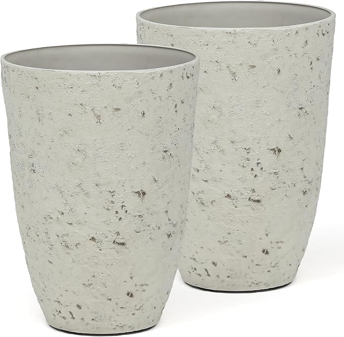 19.5" Resin Tall Planters for Outdoor Plants, Set of 2 Country White Large Flower Pots with Handmade Birch Bark Texture, Heavy-Duty and Weather-Resistant for Year Round Indoor Outdoor use-Ruum Studio Home