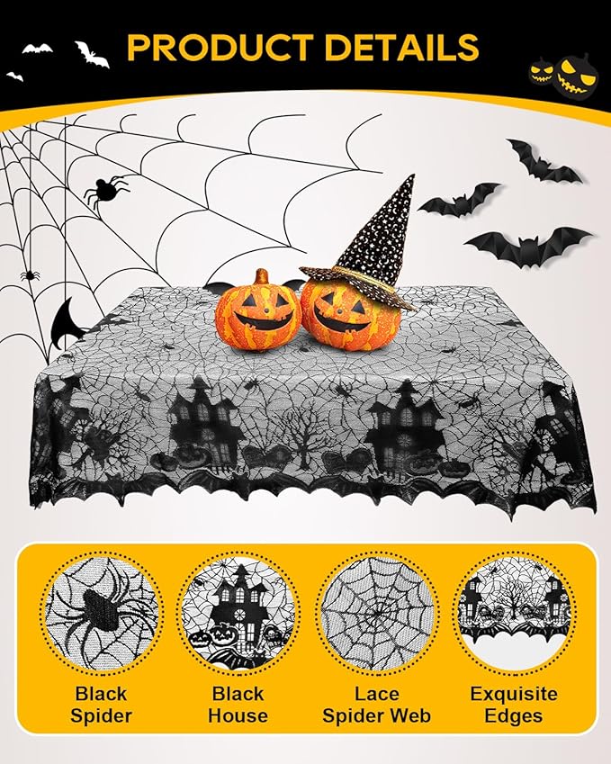 eZAKKA Halloween Table Cloth with 16 Pcs Bats Wall Decor, Spider Web Table Cloth Black Tablecloth Lace Fabric Table Cloths for Rectangle for Parties Gothic Spooky Home Decorations, 53x68 Inch-Ruum Studio Home