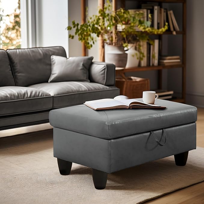 Ottoman Rectangular Storage Ottoman Bench, Faux Leather Footrest, Coffee Table, Stool Footstool with Hinged Lid for Living Room, Bedroom, Entryway, Gray, 28.5"x19"x17.5"-Ruum Studio Home