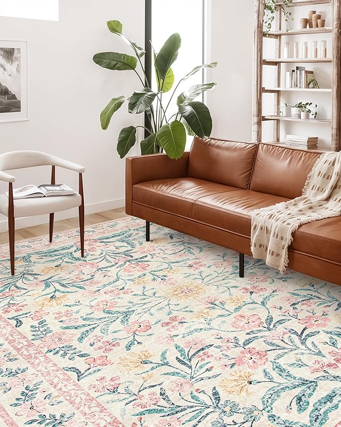 Wonnitar Machine Washable 5x7 Nursery Rug, Pink Rugs for Bedroom Girls, Boho Soft Floral Carpet Non Slip, Indoor Ultra-Thin Floor Carpet for Kid Room Living Room Dorm-Ruum Studio Home