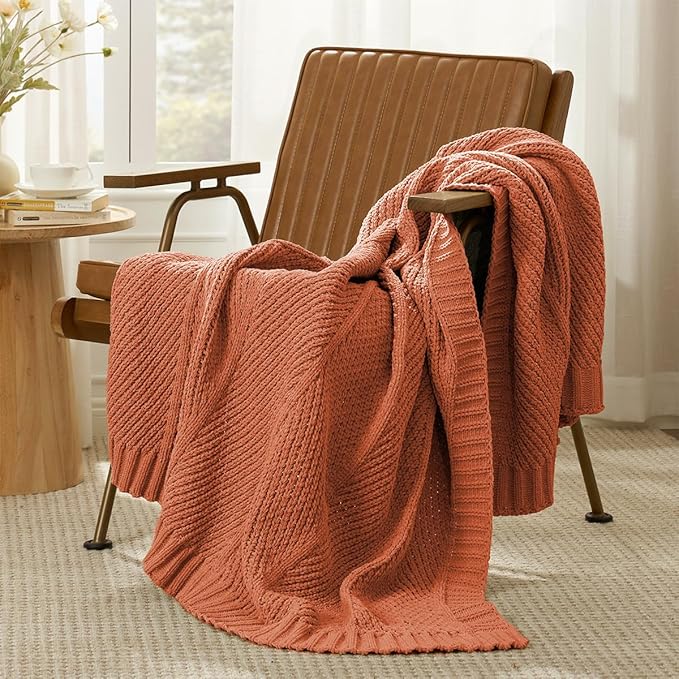 Amélie Home Chenille Knit Throw Blanket for Couch, Chevron Texture Decorative Soft Blanket for Sofa, Bed & Chair, 50"x60", Burnt Orange-Ruum Studio Home