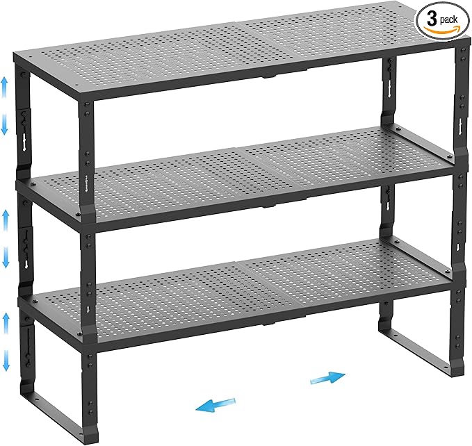 Expandable Spice Rack,Stackable Storage for Cabinet, Multi-Functional Kitchen Shelving,Height-Adjustable,Sustainable Organizer Solution(3Packs/Black/Large)-Ruum Studio Home