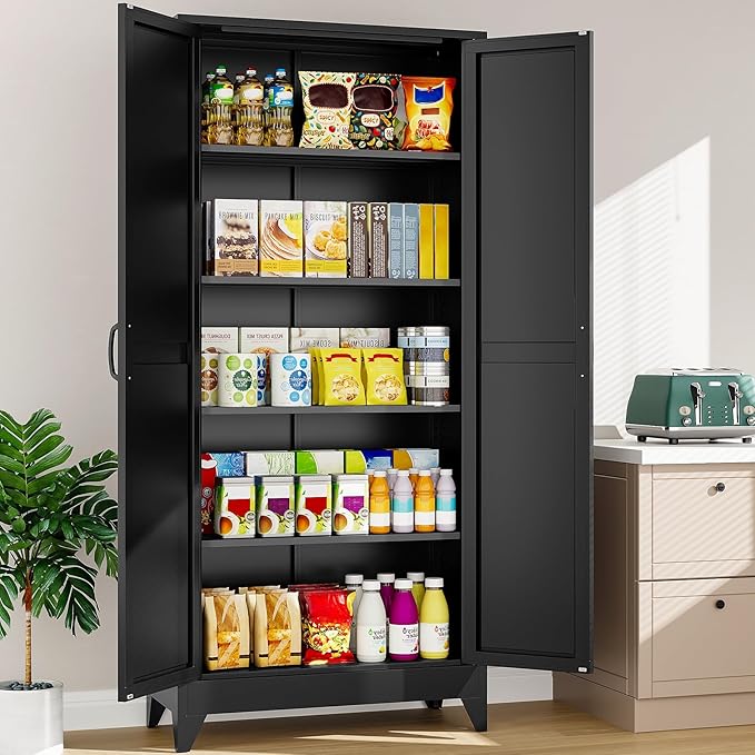 75" Tall Pantry Cabinet,Farmhouse Kitchen Pantry Storage Cabinets with 2 Doors and 5 Shelves,Black Metal Storage Cabinet,Large Cupboard for Home,Kitchen,Dining/Living Room-Ruum Studio Home