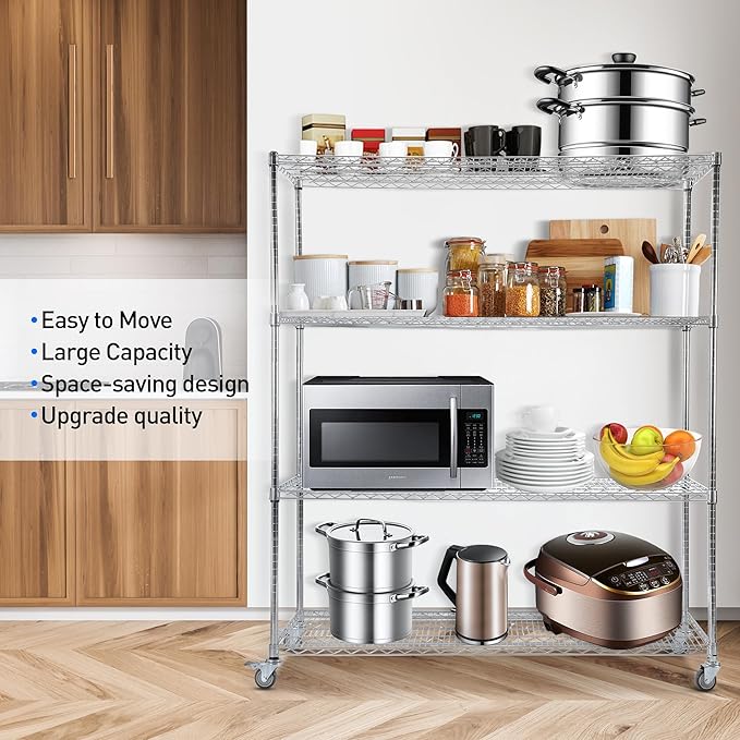 Rengue Wire Shelving with Wheels, 60"x 24"x72" Metal Storage Shelves, 4-Tier Heavy Duty Garage Storage Shelves, Chrome 2400LBS Capacity Wire Shelf Rack for Restaurant, Garage, Pantry, Kitchen-Ruum Studio Home