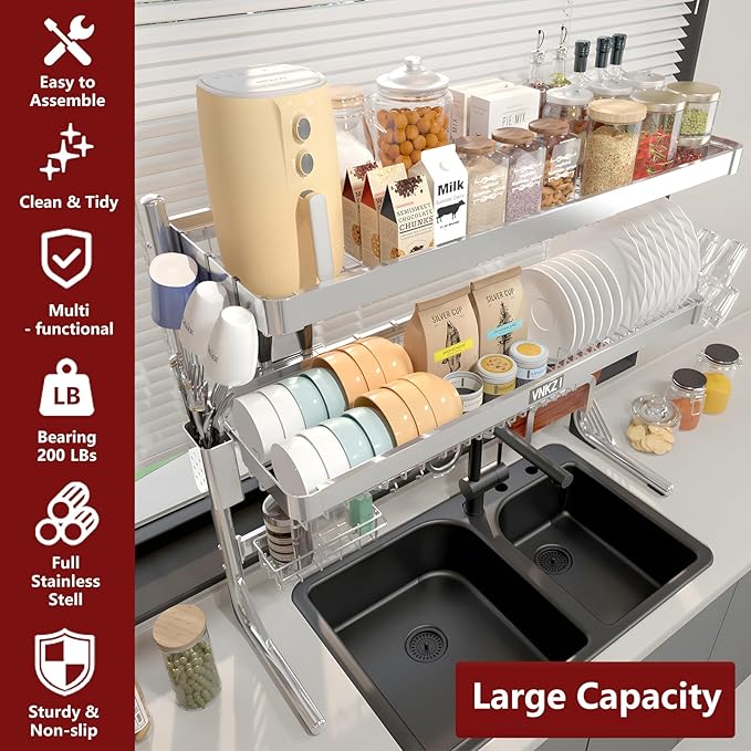 VNKZI Over Sink Dish Drying Rack, 3 Tier Full Stainless Steel Storage Adjustable Length (25.98'' to 36.61'') Kitchen Rack, Multifunctional Expandable Counter Organizer, Space Saver Dish Rack-Ruum Studio Home