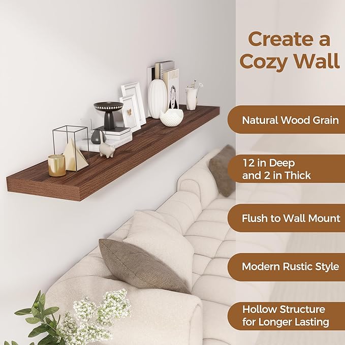 Fun Memories 72 Inch Floating Shelf, 12 Inch Deep Wall Shelf for Fireplace Mantel, Deep Storage Shelves for Home & Office, Wall Shelves with Invisible Bracket, Walnut, Set of 1-Ruum Studio Home