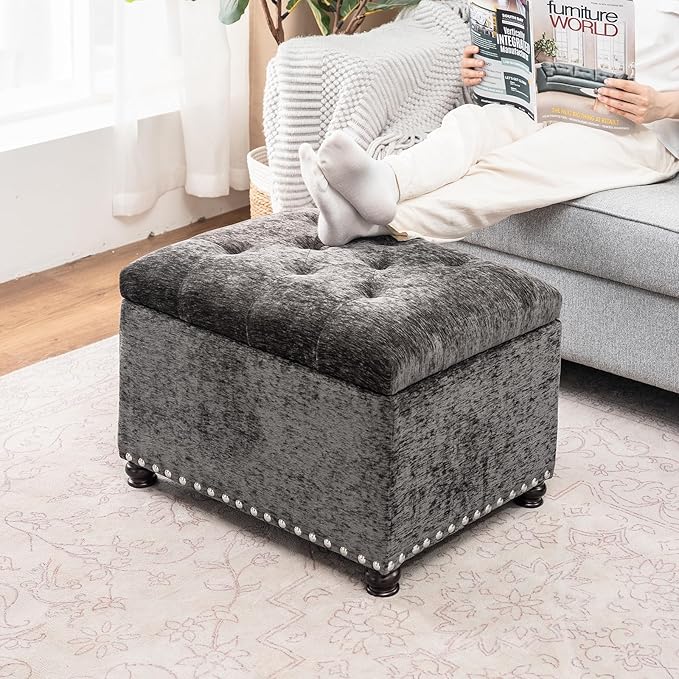 Joveco Storage Ottoman Bench, Rectangle 24" Velvet Foot Rest Stool Square Footstool for Living Room, Bedroom, Charcoal Grey-Ruum Studio Home