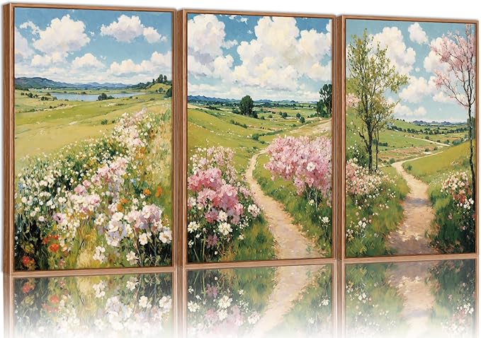 Tinonedraw Rustic Landscape Framed Canvas Wall Art Triptych, Blue and White Wall Decor, Vintage Botanical Floral Artwork, Modern Country Nature Farmhouse Art Prints for Living Room Bedroom 16"x24"x3-Ruum Studio Home