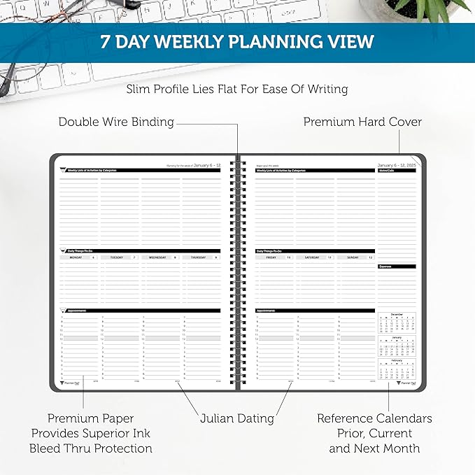 Planner Pad Spiral Bound January-December 2025/ Calendar Year 8 1/2" x 11" Large 3-Tier Funnel Down 12 Month Organizer, Black Cover/Black Ink-Ruum Studio Home