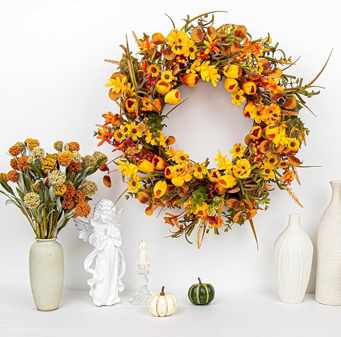 22 Inches Fall Wreaths for Front Door Rustic Autumn Wreath Farmhouse Fall Floral Wreaths with Tulips Orange Wildflowers for Wall Window Porch Indoor Outside-Ruum Studio Home