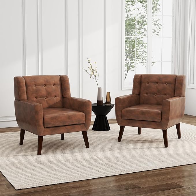 UIXE Faux Leather Accent Chair, Morden Upholstered Armchair for Living Room, Button Tufted Arm Chair Comfy Single Sofa Bedroom Side Reading Seat - Coffee-Ruum Studio Home
