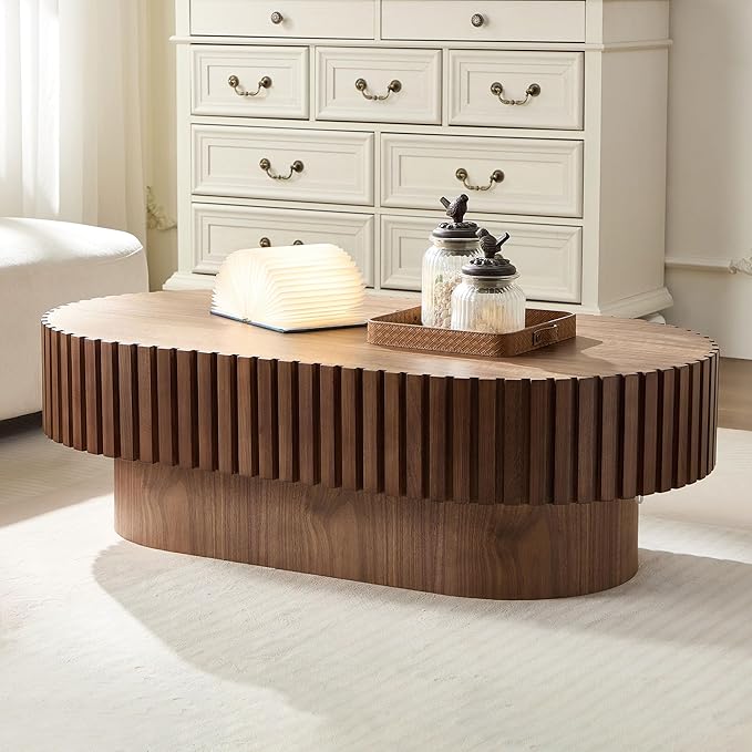 43.7" Oval Coffee Table for Living Room,Modern Handcraft Drum Coffee TableSmall Wooden Coffee Table with Sturdy Pedestal Easy Assembly for Office-Walnut-Ruum Studio Home