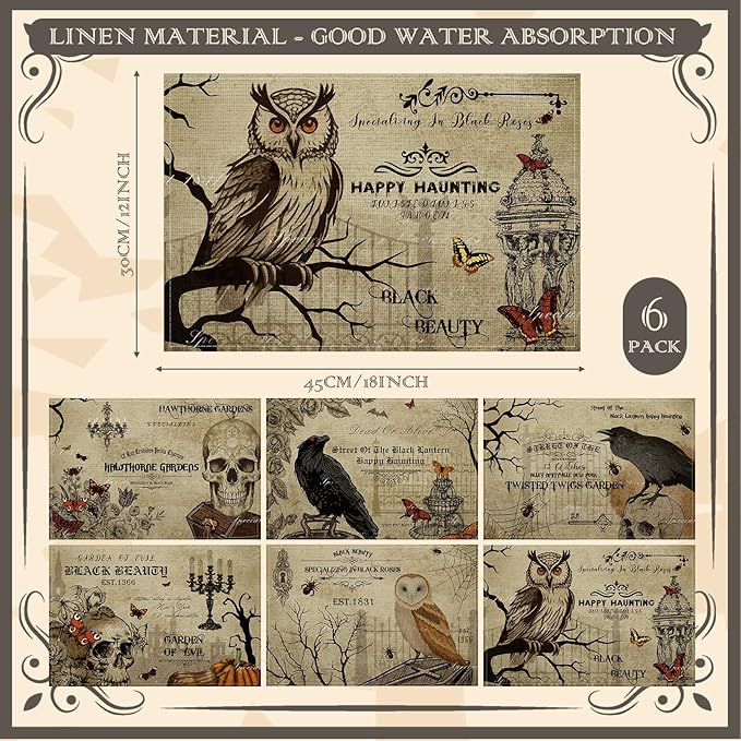 Umigy 6 Pcs Halloween Placemats 12"x18" Gothic Bat Placemats Kitchen Decoration Washable Witch Place Mats Rectangle Skull Table Mats for Halloween Dining Table Accessories(Poster Style)-Ruum Studio Home
