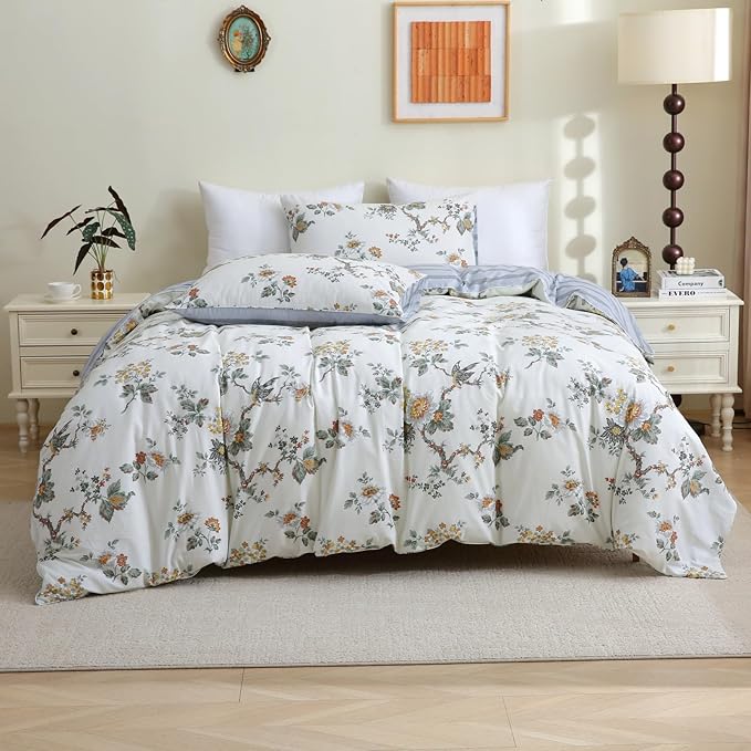 ABREEZE Floral Duvet Cover Queen Size Set Bird Flowers Bedding Set 100% Brushed Cotton Bedding Collection 1 Duvet Cover with 2 Pillowcases White-Ruum Studio Home