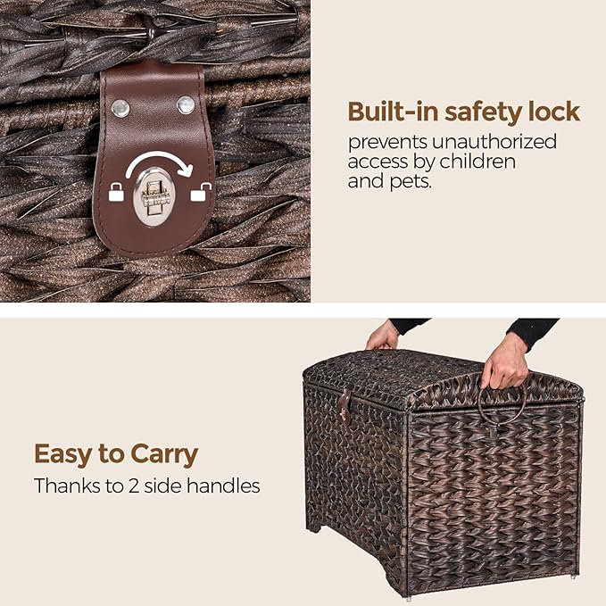 Handwoven Storage Basket with Lid, 178L Plastic Rattan Storage Bin, Leather Buckle & Metal Frame, Large Metal Ring Handles, Storage Trunk for Bedroom, Laundry Room-Ruum Studio Home
