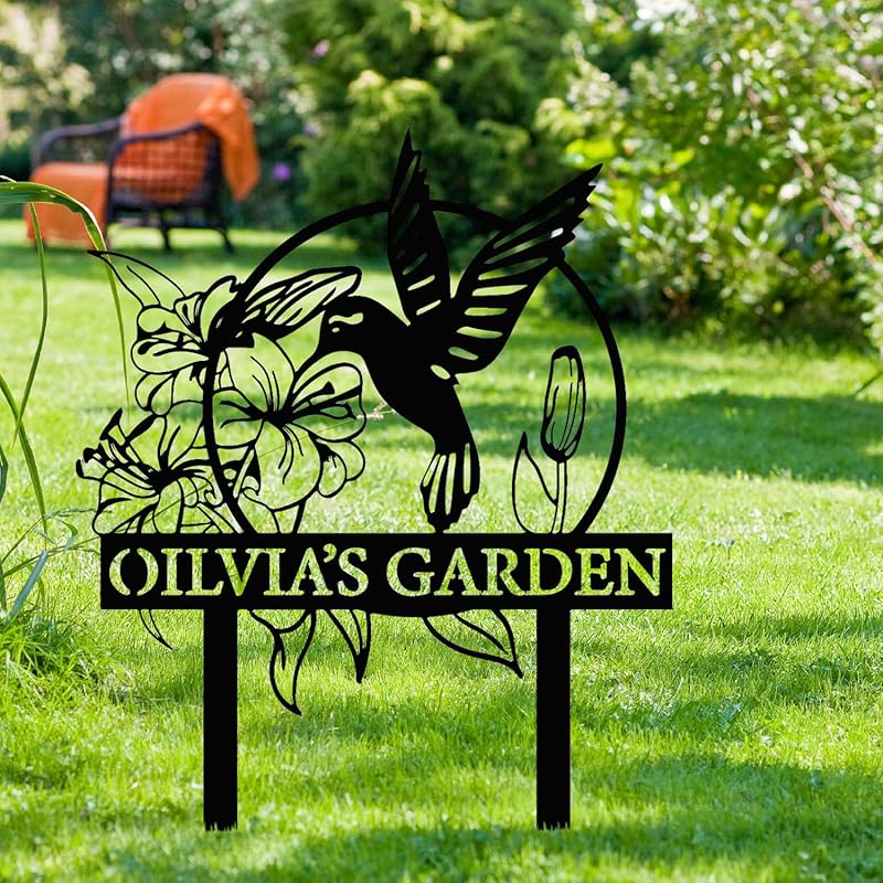 Custom Hummingbird Metal Garden Sign with Stakes, Bird Garden Decorations, Flower Design Personalized Garden Sign, Custom Garden Name Sign, Yard Decor, Home Gift-Ruum Studio Home