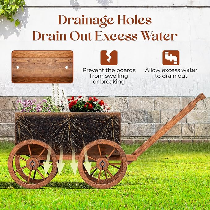 Wood Wagon Planter for Outdoor Balcony Decor - Garden Rustic Wooden Flower Cart with Wheels for Outside - Garden Decor - Amish Decorative Indoor - Wheelbarrow Planter for Patio-Ruum Studio Home
