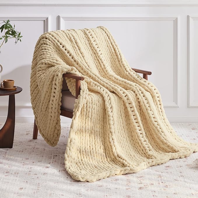 Chunky Knit Throw Blanket, 50''*60'' Knitted Throw Chenille Yarn for Bed Couch, Handmade Oatmeal Crochet Big Thick Blanket, Machine Washable Cute Comfy Blanket for Home Decor-Ruum Studio Home