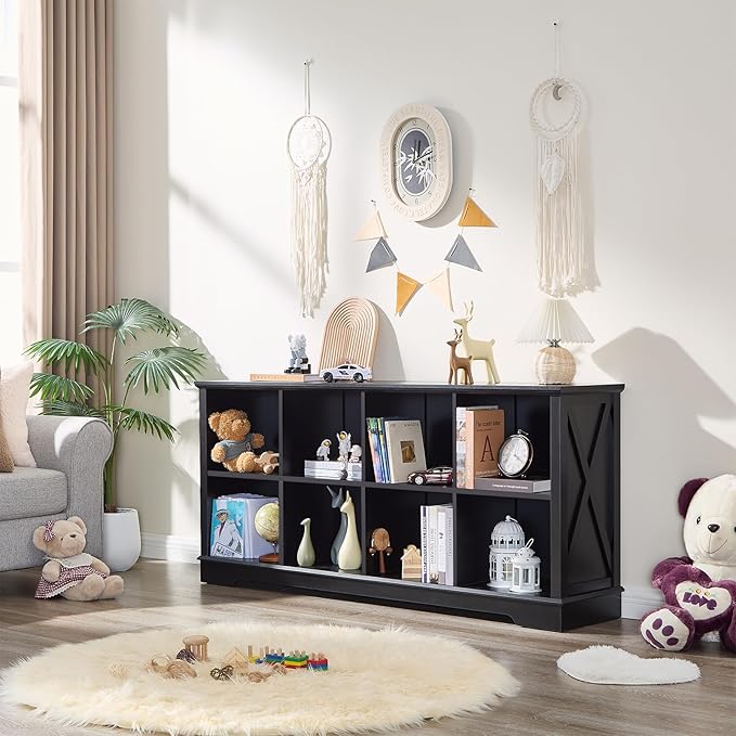 Farmhouse 8 Cube Bookshelf, Black Storage Organizer Bookcase, Kids Toy Storage Cabinet, Long Bookshelves Storage Organizer Shelf, Wood Display Cabinet Book Shelves for Bedroom,Living Room,Office-Ruum Studio Home