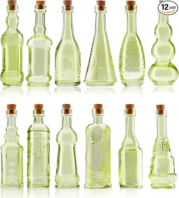 Small Mini Green Vintage Glass Bottles with Corks, Mini Vases, Decorative, Potion, Assorted Design Set of 12 pcs, 4.6 Inch Tall (11.43cm), 1.4 Inch Wide (3.56cm)-Ruum Studio Home