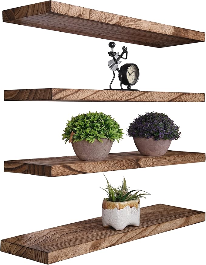 Wood Floating Shelves for Wall Decor, Rustic Wall Shelves for Bedroom Bathroom Kitchen Living Room, Set of 4 Light Walnut 24 Inch-Ruum Studio Home