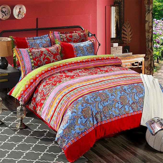 ABREEZE Bohemian Duvet Cover Set Colorful Red Boho Retro Bedding Set Damask Paisley Cotton Duvet Cover Tribal Reversible Bedding Exotic Style Comforter Cover 3-Piece Twin-Ruum Studio Home