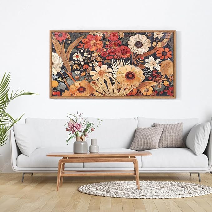 Aurlan Boho Burnt Orange Terracotta Wildflowers Framed Wall Art(40"x20"), Abstract Floral 3D Textured Canvas Artwork, Large Modern Vintage Botanical Nature Art Wall Decor for Home Office Living Room Bedroom-Ruum Studio Home