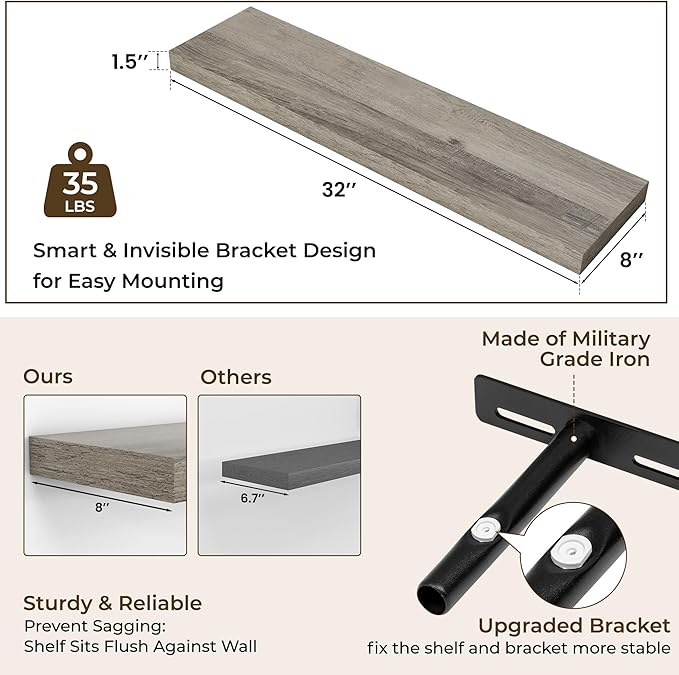 RICHFOCUS 31.5Inch Floating Shelves for Wall 2 Pack Shelves for Bedroom|Kitchen|Bathroom Wall Mounted Rustic Wood Floating Shelf with Invisible Brackets for Books|Storage|Decor, Grey-Ruum Studio Home