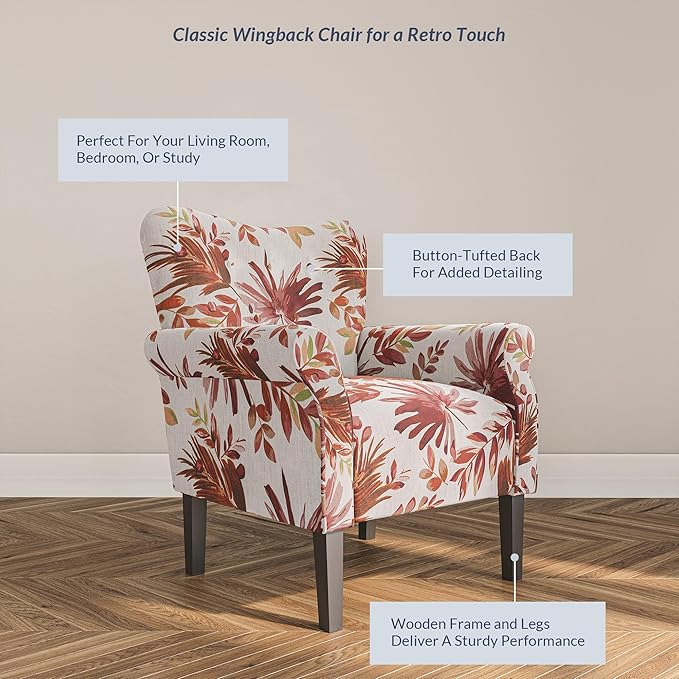BELLEZE Modern Accent Chair for Living Room, High Back Floral Armchair with Wooden Legs, Upholstered Wingback Side Chair Padded Armrest Single Sofa for Living Room, Bedroom - Allston (Red Floral)-Ruum Studio Home