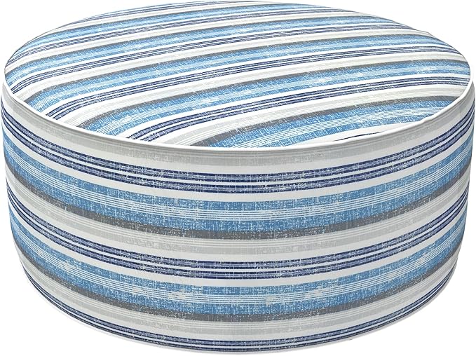 LVTXIII Outdoor Inflatable Ottoman, Fade-Resistant Round Footrest Stool D31”x H14”, Portable Patio Pouf for Garden Camping or Home Use, Stripe Layered Blue-Ruum Studio Home