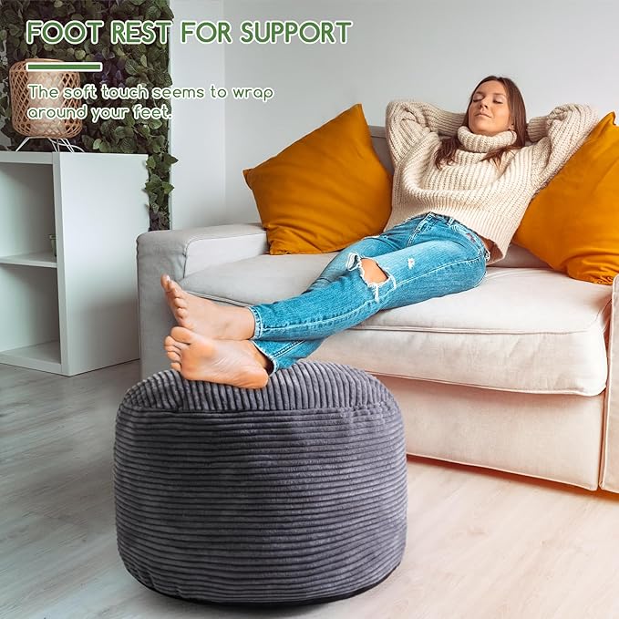 HIGOGOGO Round Stuffed Pouf Ottoman, Corduroy Poufs with Foam Chunk Filling, Furry and Fluffy Pouf Foot Stool Storage Ottoman, 26 X 18 Floor Poufs Foot Rest for Living Room, Dark Grey-Ruum Studio Home