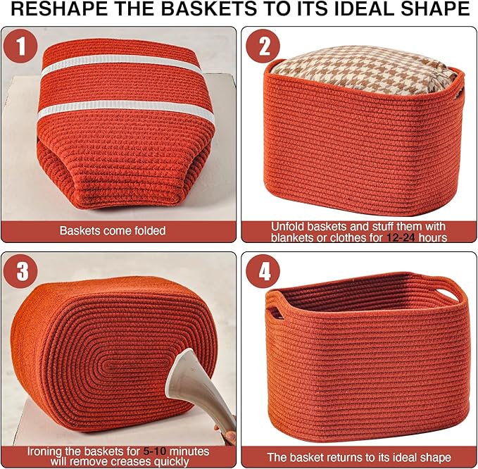 Storage Baskets for Organizing, Storage Basket for Shelves, Toy Towel Basket for Bathroom Nursery, Woven Cotton Rope Baskets for Decor, 15"x11"x9.5", 3 Packs, Brick Red-Ruum Studio Home