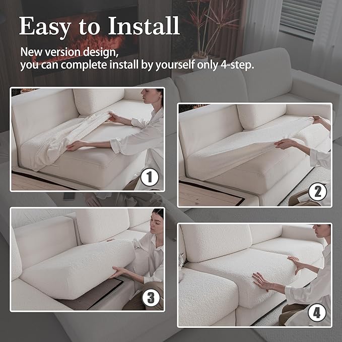 Couch Cushion Covers for Sectional Sofa, Stretch Soft Sofa Slipcovers Washable Wear-Resistant Universal Furniture Protector for Living Room(2 Seaters Covers+1 Chaise Cover, Ivory)-Ruum Studio Home