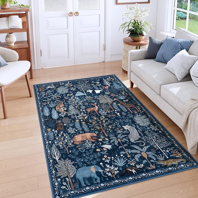 OJIA Jungle Print Blue 5x7 Rugs for Living Room, Soft Ultra-Thin Washable Area Rugs for Bedroom Non-Slip Modern Entryway Rug Non Shedding Indoor Carpet Kids Rugs for Playroom Nursery Classroom-Ruum Studio Home