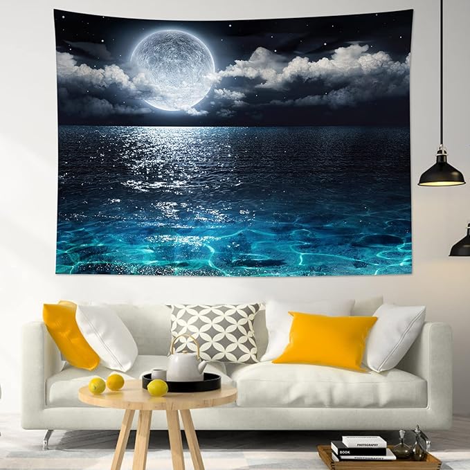 LB Night Sky Ocean Tapestry Full Moon on Sea Tapestry Wall Hanging Fantasy White Cloud Watercolor Wall Art for Bedroom Living Room Dorm Wall Decor, 59Wx51H inches-Ruum Studio Home
