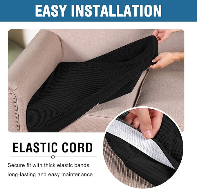 H.VERSAILTEX Super Stretch Individual Seat Cushion Covers Sofa Couch Slipcover Sets Thick Jacquard Textured Twill Fabric (3 Piece Covers, Black)-Ruum Studio Home