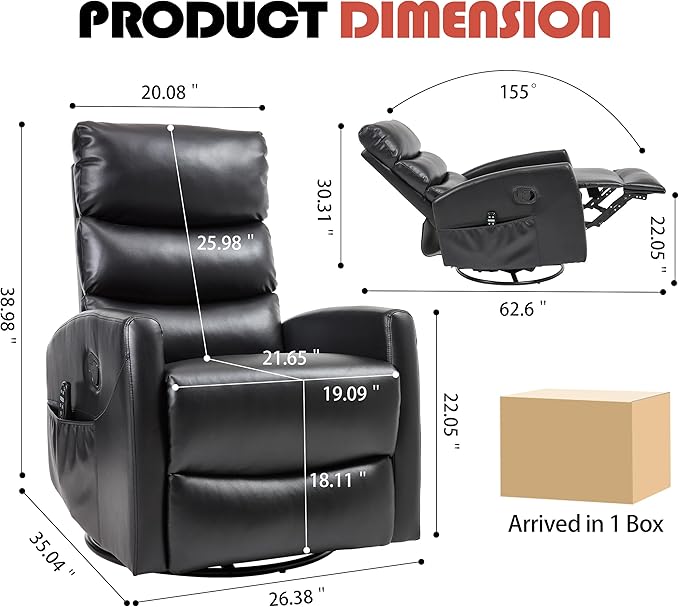 Manual Swivel Rocker Recliner Chair for Adults, Overstuffed Reclining Glider Chair for Nursing with Vibration Massage & Heat, Living Room Rocking Recliner 3-Stage backrest, Faux Leather Black-Ruum Studio Home