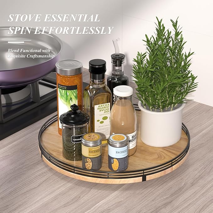 16" Lazy Susan Oak Wood Turntable Organizer for Cabinet, Farmhouse Round Wooden Large Lazy Susan Organization and Storage for Dining Table, Pantry, Kitchen, Bathroom, Countertop, Cupboard, Home Decor-Ruum Studio Home