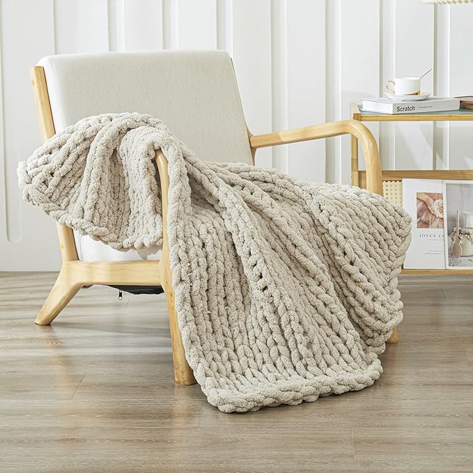 WESHIONGOO Chunky Knit Blanket Throw 40"×40" Knitted Throw Blankets for Couch Bed Fluffy Soft Blanket with Jumbo Chenille Yarn Thick 100% Handmade (Linen)-Ruum Studio Home
